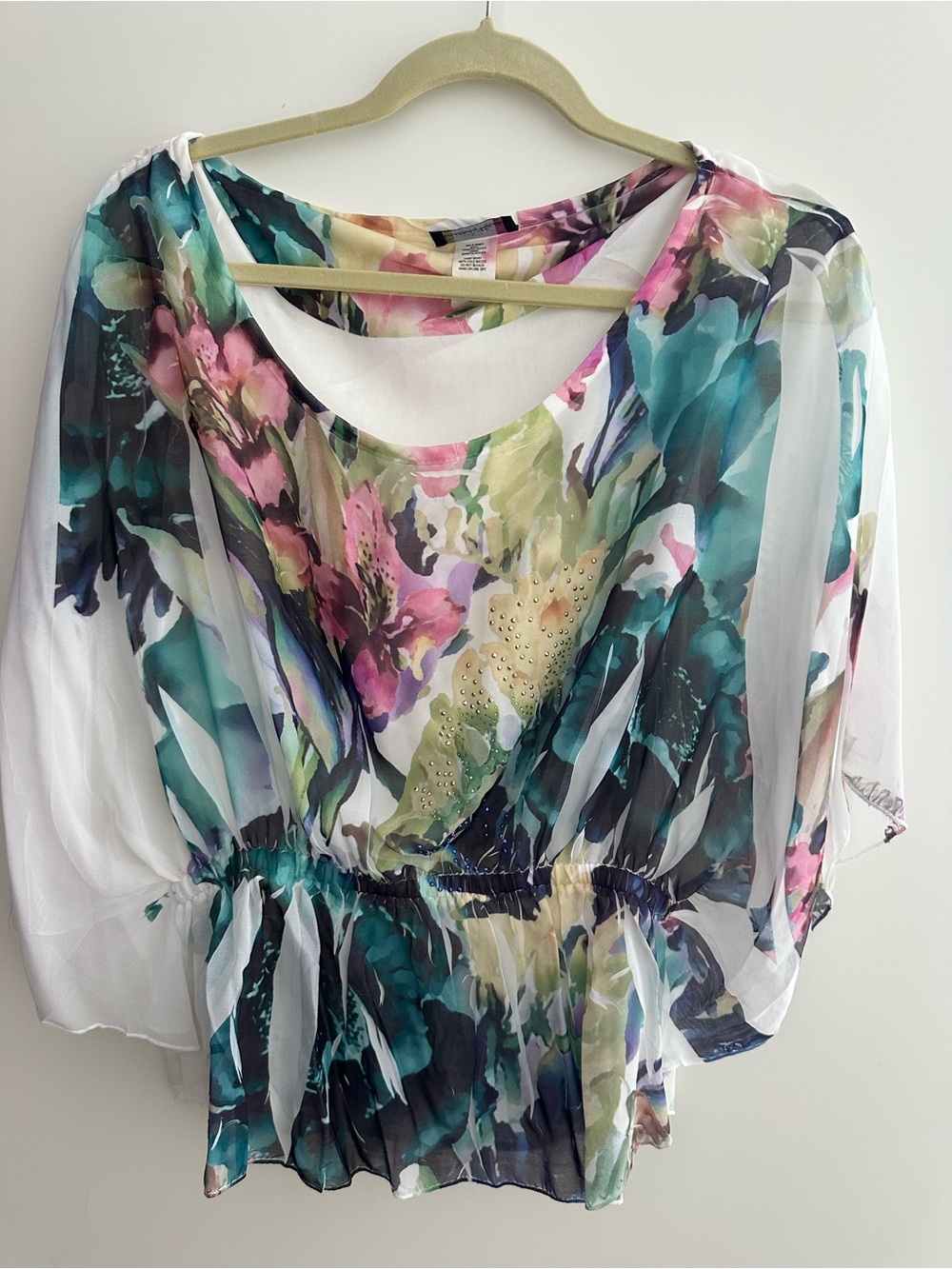Sheer Floral Crew Neck Women’s Blouse - Teal & Pink Size L Dolman sleeves